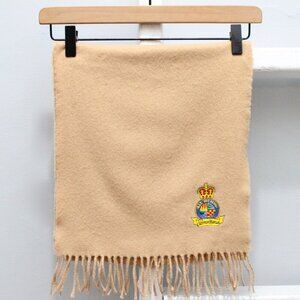Nieman Marcus Vintage Crest Embroidered Tan Lambswool Rectangle Fringed Scarf